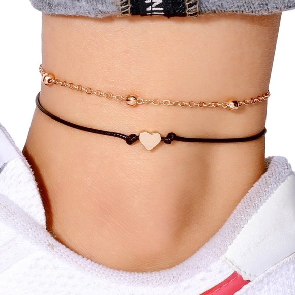 Jewelry - Gold Chain and Heart Charm Leather Anklet 2PC Set